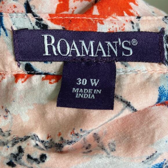 Roaman’s Pink Red Floral Print Pleated Button Front Long Sleeve Blouse Size 30W - Picture 6 of 9